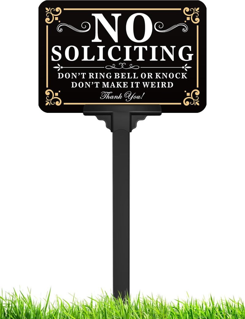 multiwins No Soliciting Sign for House with Stake - Adjustable Height - 12 x 8 Inch/37 Inch High - 50-mil Thick Aluminum -Metal No Soliciting Yard Sign for Home/Front Door and Business (Rectangle-Gold-01) - Image 1